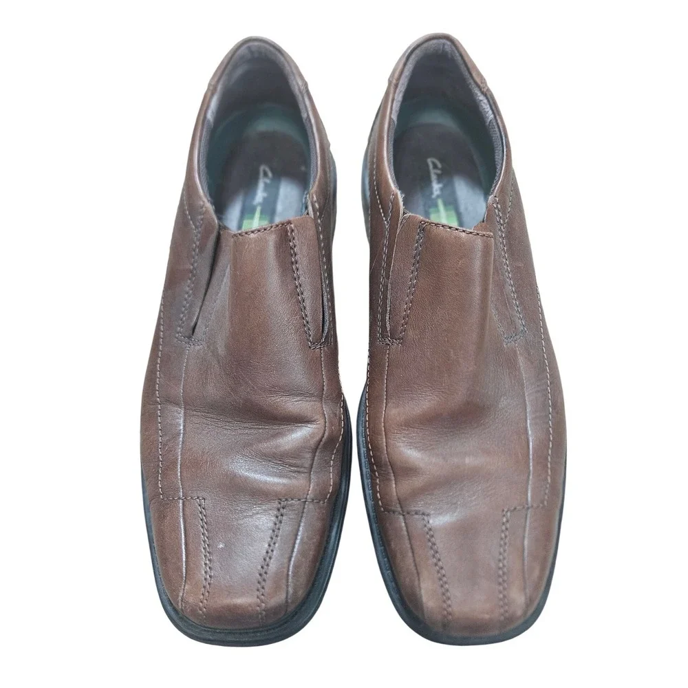 Clarks Mens Brown Leather Slip On Loafers Square Toe Dress Shoes 10.5 M Office